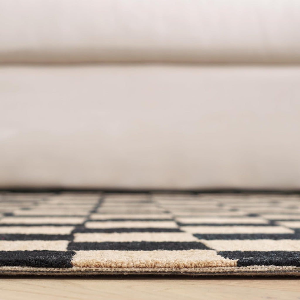 X Area Rug Collection - 6' Square, Black & Beige, Handmade Wool, Checkered Pattern, Ideal, Dining Space (MSR4760Z)