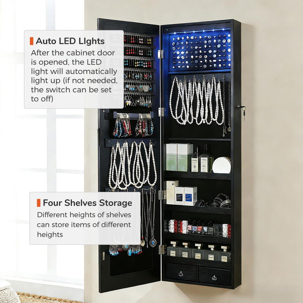 Full Length Mirror Jewelry Cabinet, 6 LEDs Jewelry Armoire Wall Mounted Over The Door Hanging, Jewelry Organizer