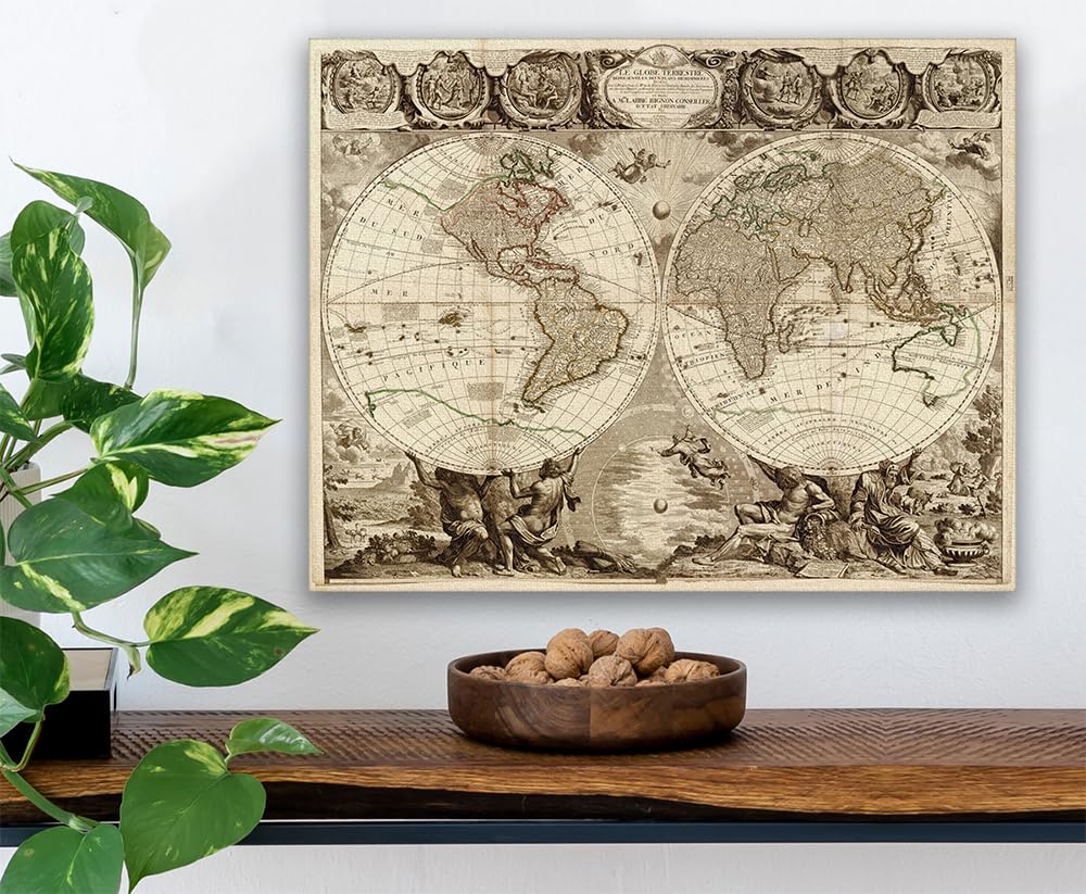Le Globe Terrestre 28x36 Stretched Canvas Poster - Ready to Hang Vintage Double Hemisphere World Map Reproduction