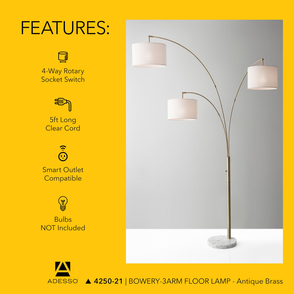 3-Arm Arc Floor Lamp with Marble Base and Off-White Linen Lampshade - 4-Way Adjustable Brightness, Bedroom, Home