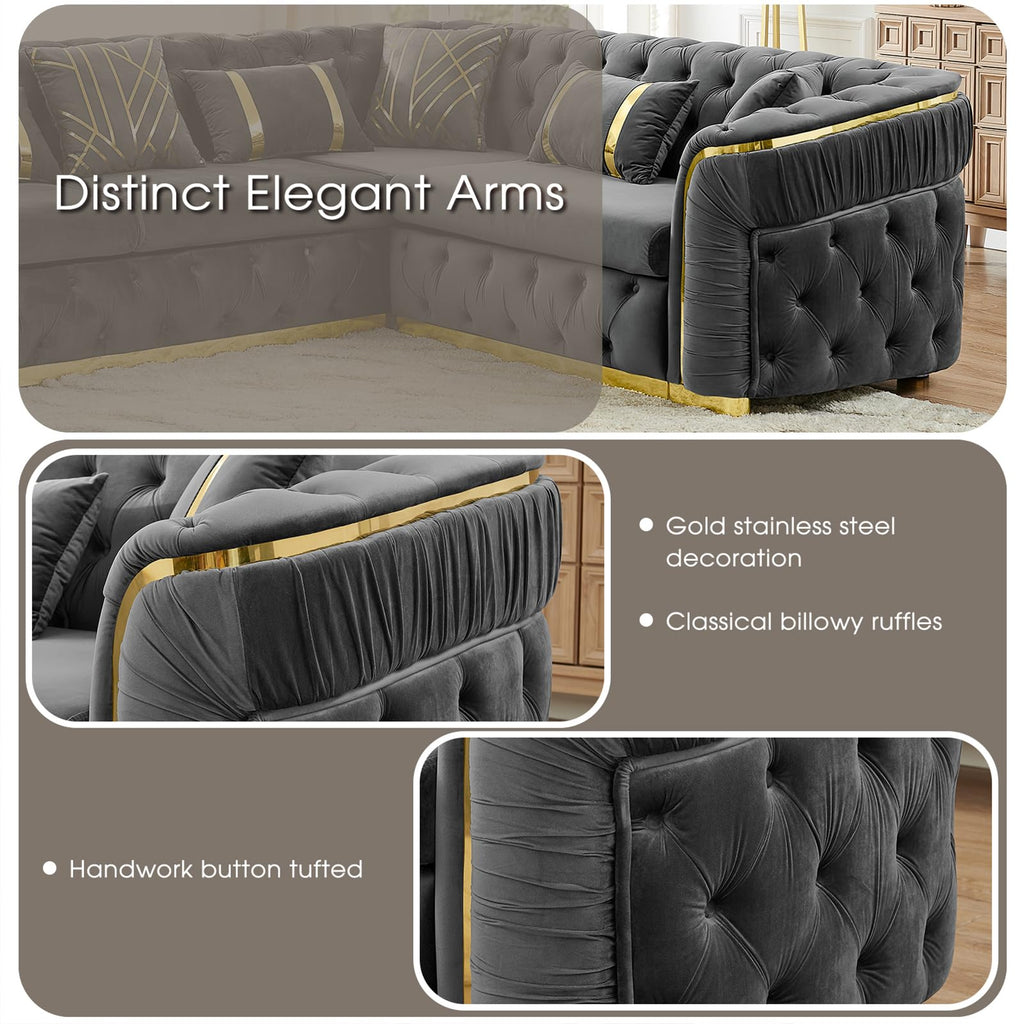 Oversize Luxury Sectional Couch 110.5" Chesterfield Sofa, Grey and Gold Sofas with Metal Accents, Victorian Curved