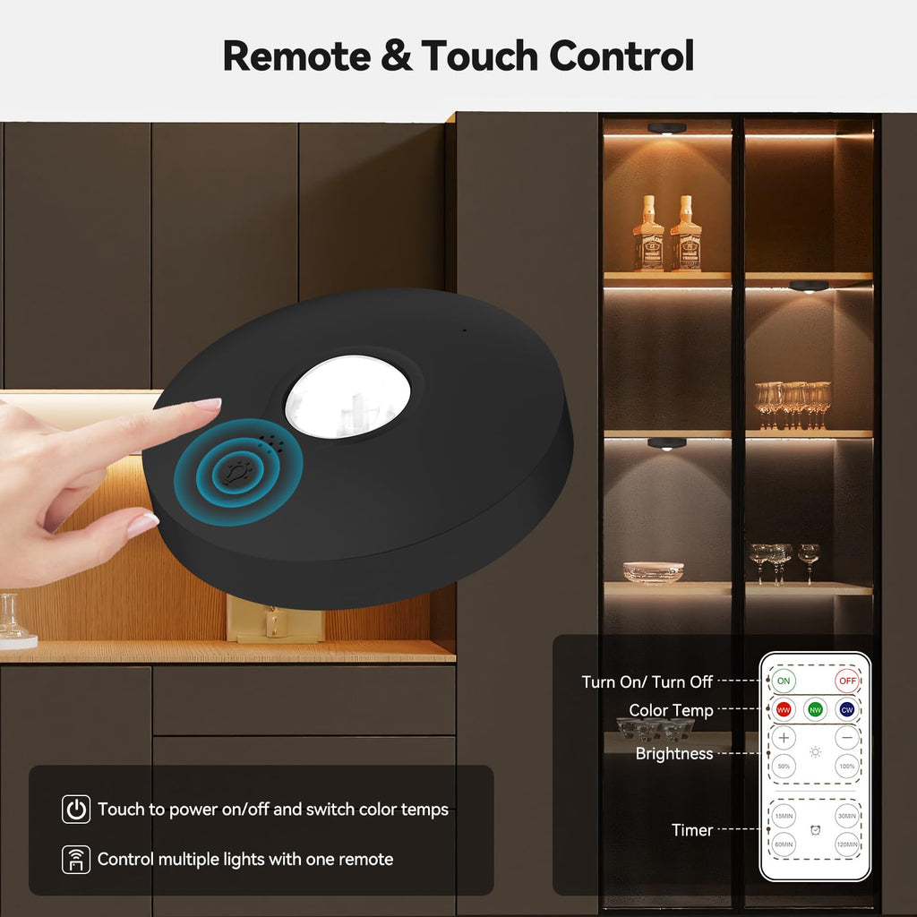 Rechargeable Puck Lights with Remote, 12 Pack Magnetic Under Cabinet Lighting, 1500mAh Battery Operated LED Tap