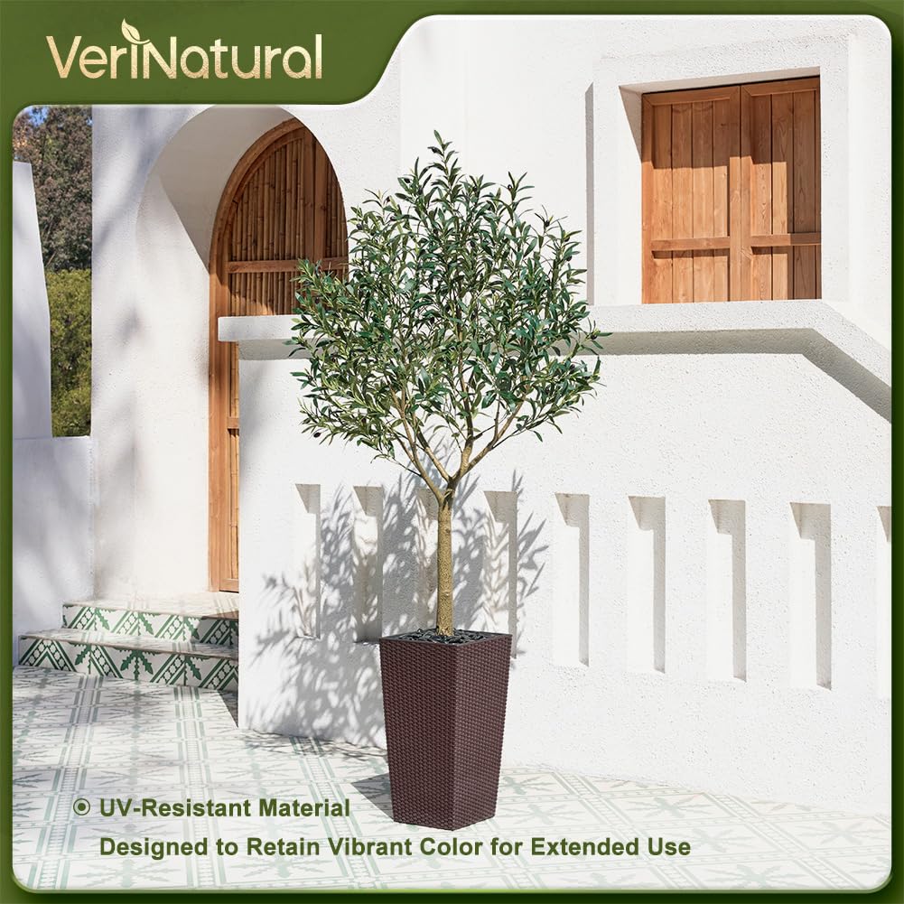 Artificial Olive Tree 7FT, UV Resistant Tall Fake Tree Indoor Outdoor with Brown Taper Planter & Pebbles - Potted