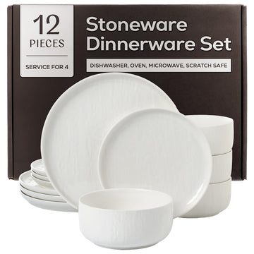 Durable Stoneware Dinnerware Set with Reactive Glaze Finish, 12-Piece, Kai White