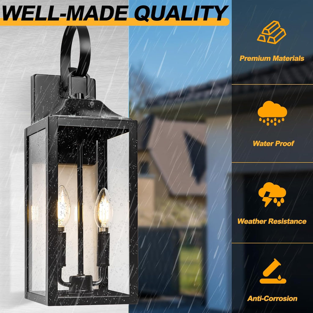 Black Dusk to Dawn Outdoor Wall Lantern 2-Light, 19" Large Outside Modern Porch Sconce Light Fixture