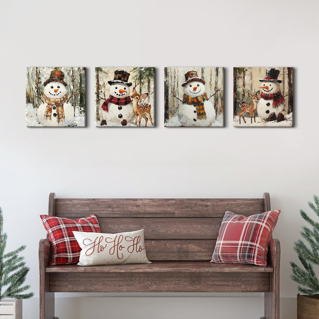 Christmas Snowman Canvas Wall Art Winter Holiday Home Decor Abstract Watercolor Snow Forest Pictures Vintage Snowman