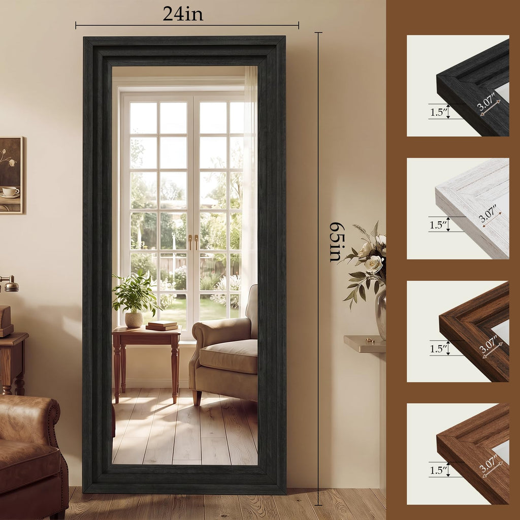 Wood Full Length Mirror 65"x24", Large Solid Wood Frame Floor Mirror