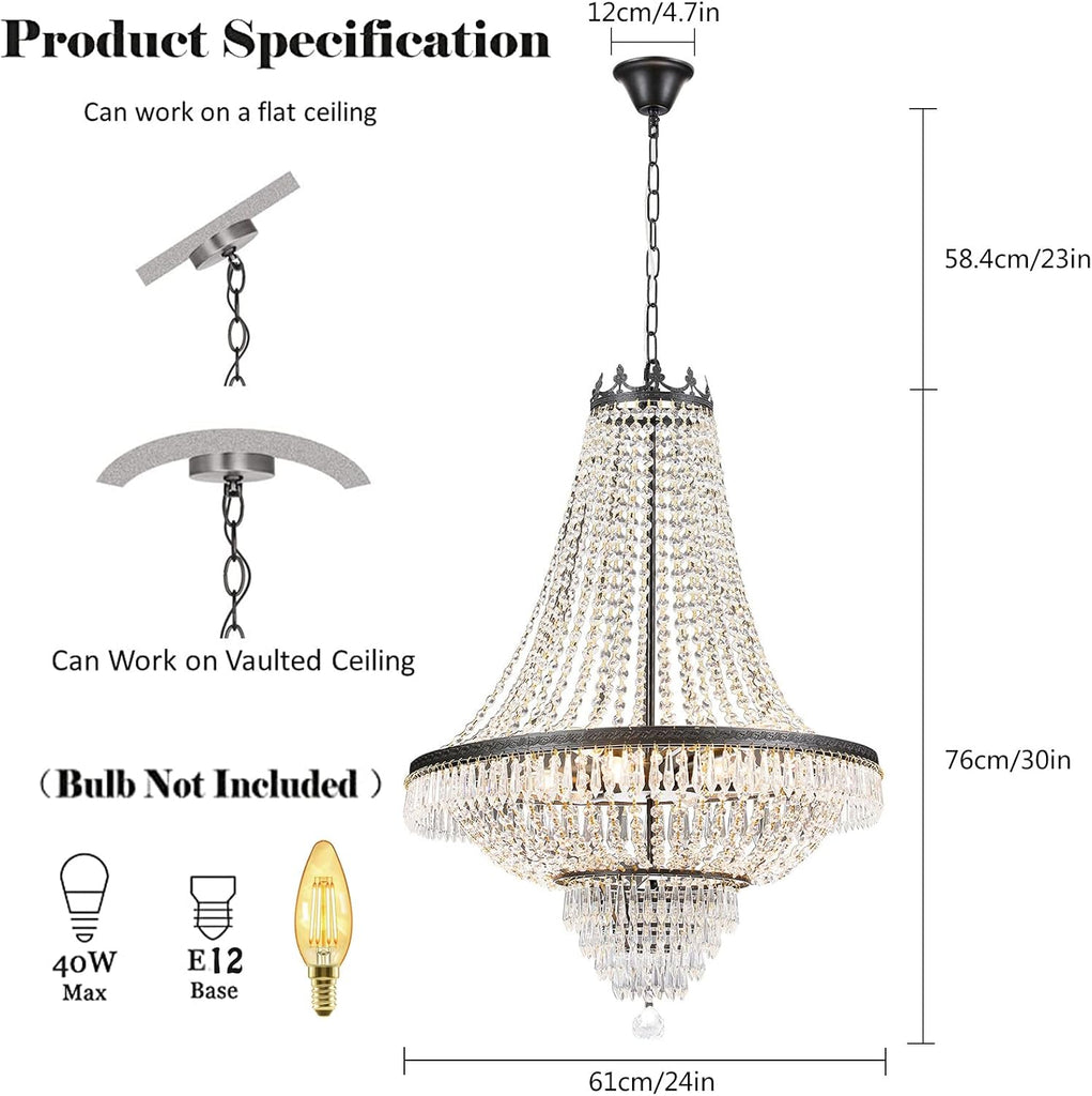 Crystal Chandelier, 9-Light French Empire Country Foyer Chandelier Pendant, Hanging Ceiling Lighting Fixture for Dining Living Room Bedroom Kitchen, W 24'' x H 30'', Black A108-B0BJFB5D36
