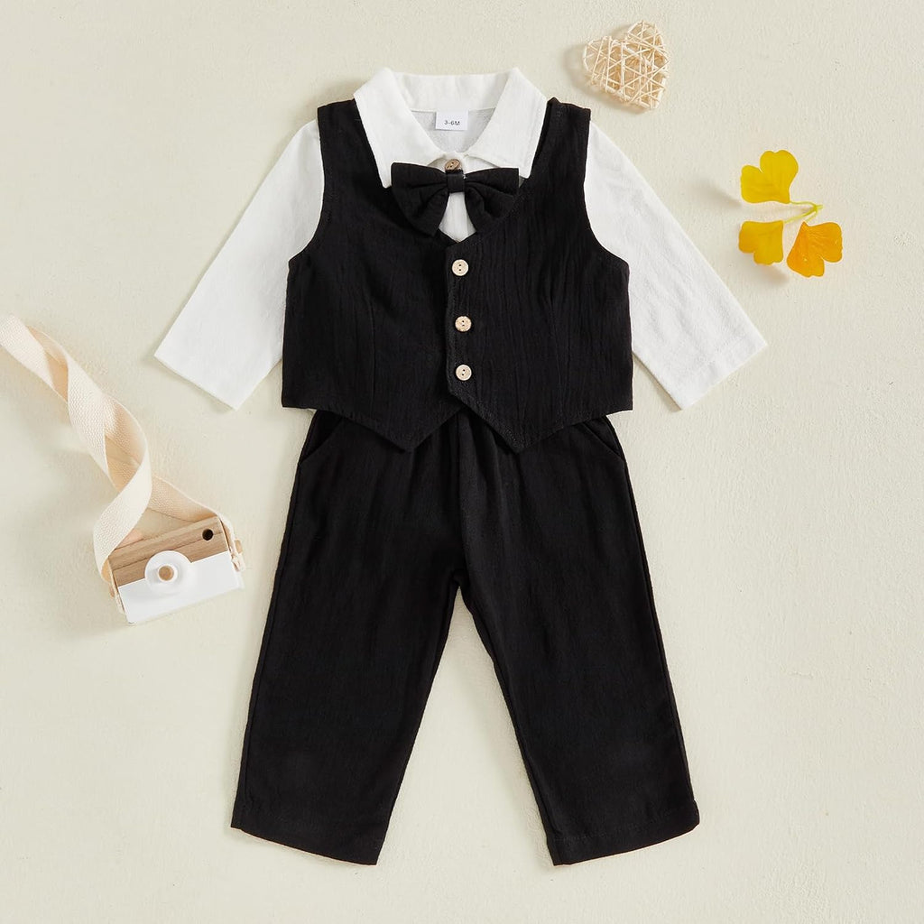 Baby Boy Dress Clothes Long Sleeve Romper Shirt Bowtie Waistcoat Suspender Pants Set Suit Fall Outfits