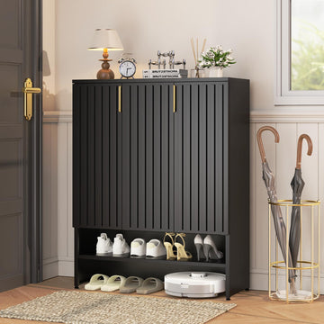 Metal Shoe Cabinet with Doors, 47''Tall 6-Tier Shoe Storage Cabinet with Adjustable Shelves and Fluted Doors, Shoe