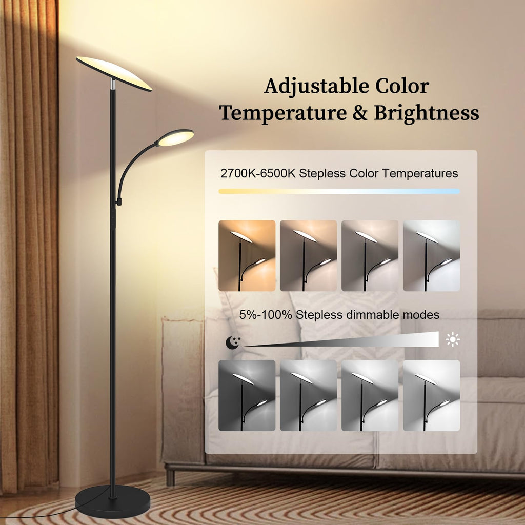 Floor Lamp, Upgraded 42W 4500LM Super Bright LED Floor Lamp with Rotatable Reading Light, Touch Remote Control &