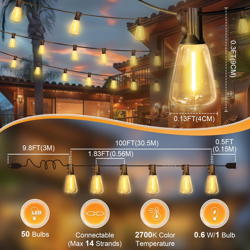 LED Outdoor String Lights Patio Lights with 52 Shatterproof ST38 Vintage Edison Bulbs, Outside Hanging Light