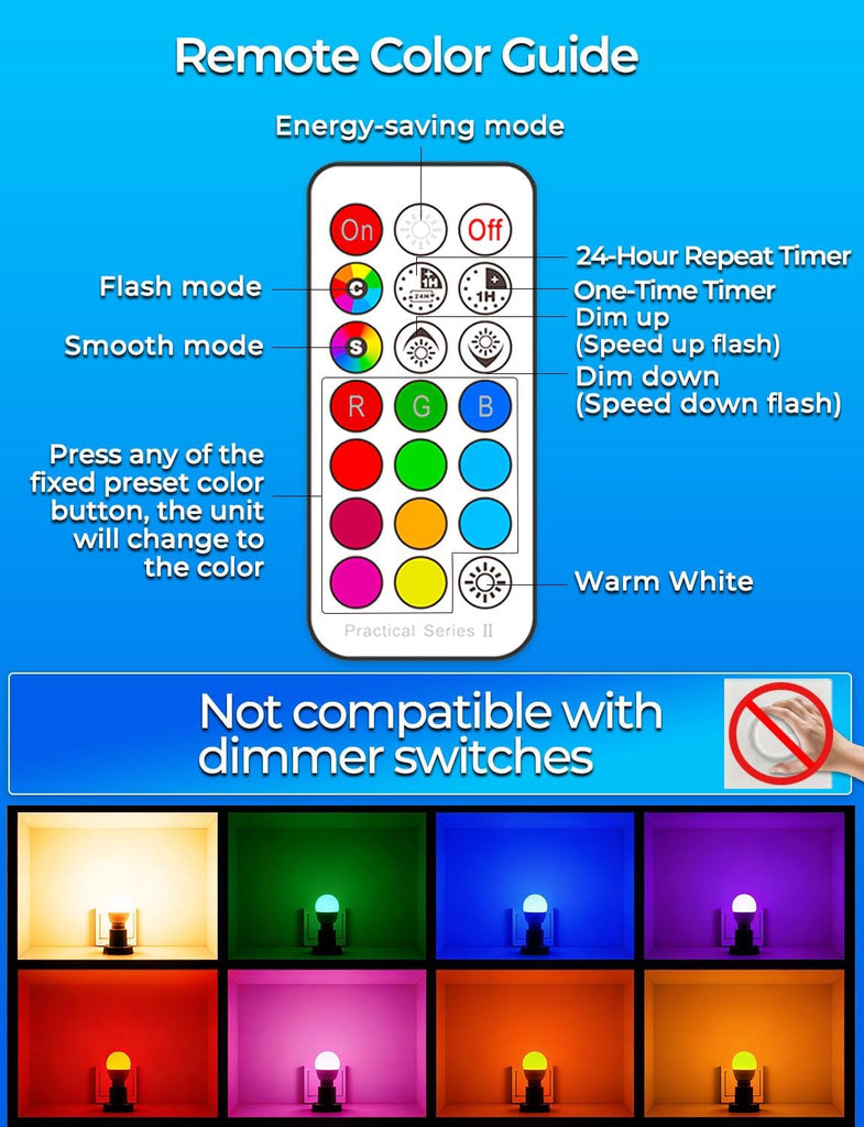 RGB LED Light Bulb, Color Changing Light Bulb, 40W Equivalent, 450LM, 2700K Warm White 5W E26 Screw Base RGBW, A15