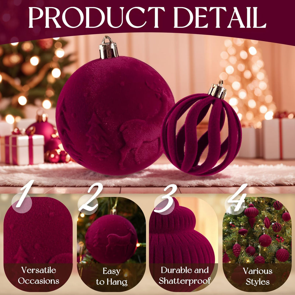 Velvet Ornaments Set for Tree Decorations Burgundy