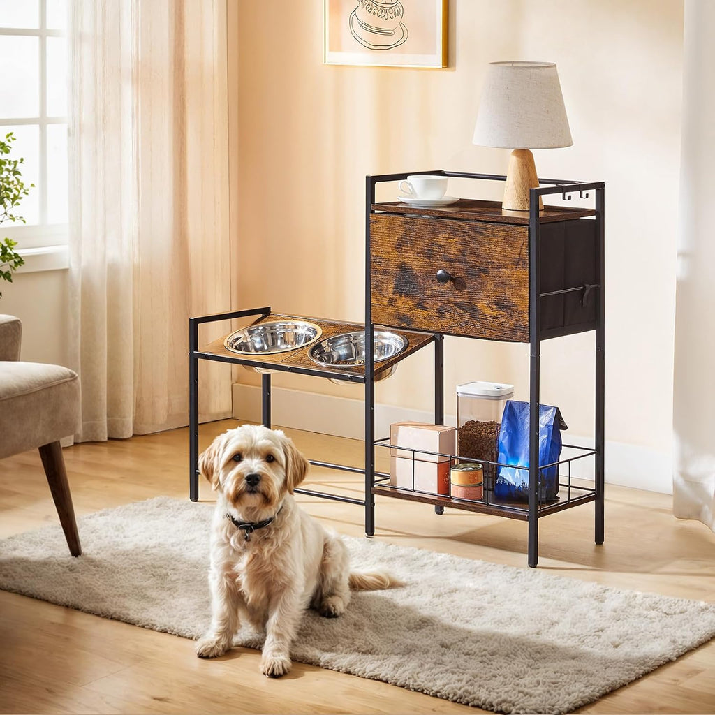 Elevated Dog Bowls Stand with Drawer, Height Adjustable Raised Feeding Station Cabinet with Storage Basket, 4-IN-1