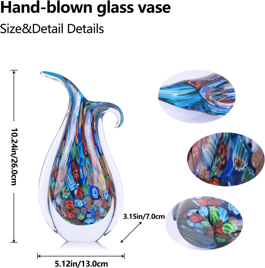 Hand Blown Glass Vase for Centerpiece, Murano Style Table Decoration, Blue Blown Art Glass Ellipse Flower Vase