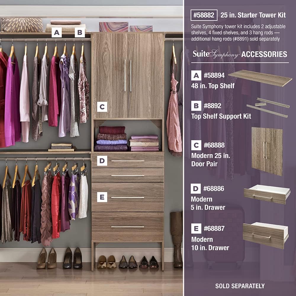 SuiteSymphony Wood Closet Organizer Starter Kit with Tower and 3 Hang Rods, Shelves, Adjustable, Fits Spaces 5 - 10