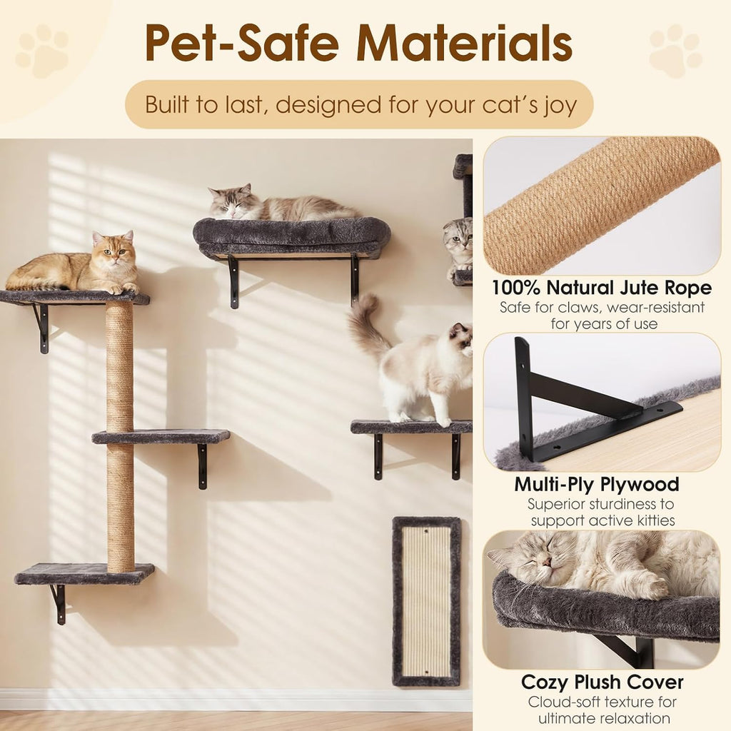 5-in-1 Cat Wall Shelves for Large Cats, Floating Climber with Scratcher