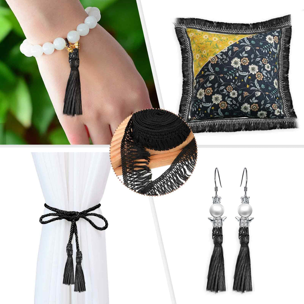 Black Sewing Fringe Trim 2.3'' Wide Cotton Tassel Fringe Trim Boho Long Fringe Trim for Clothes Lamp Shade - 10 Yards