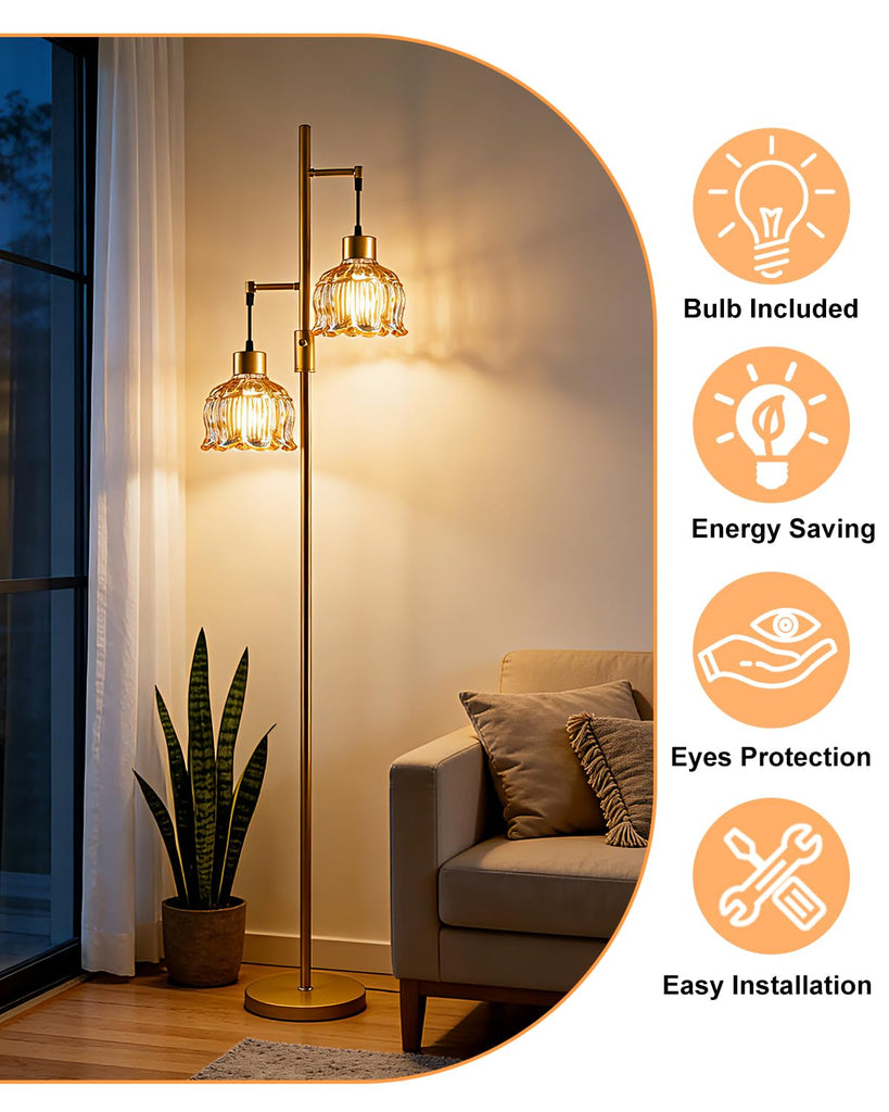 Amber Flower Glass Floor Lamp 2-Light Dimmable Gold Tall Lamps