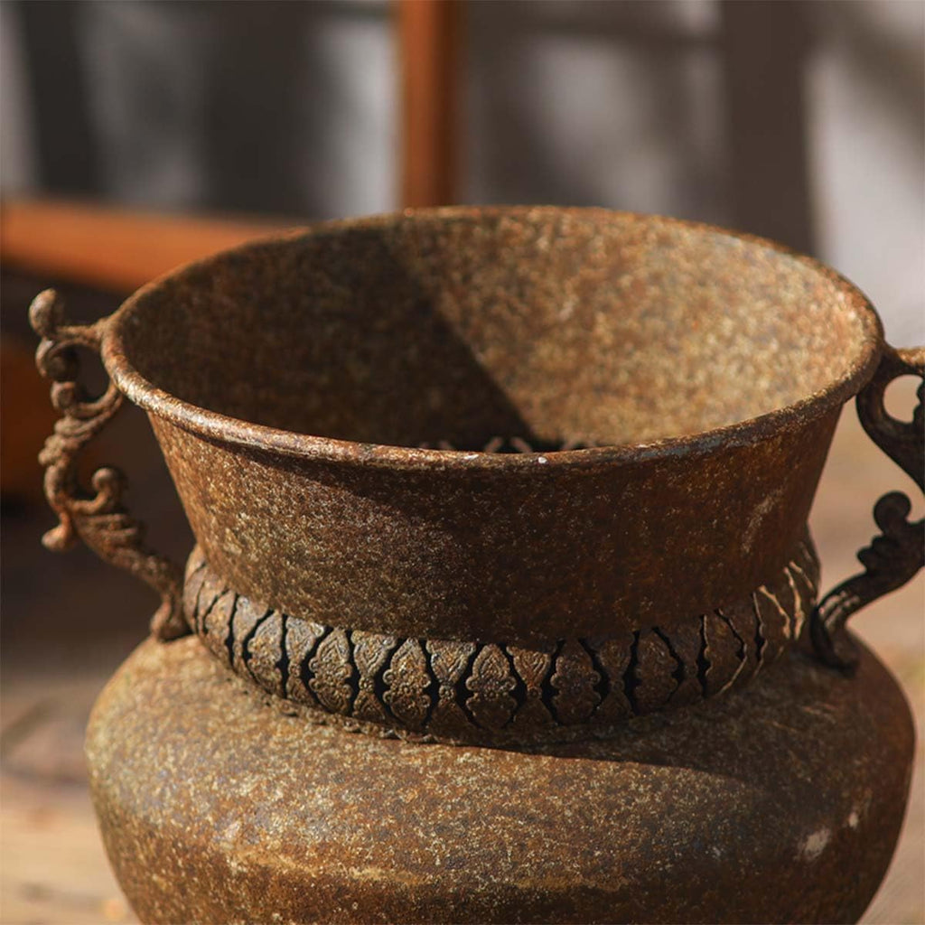 Metal Urn Planter with Handles, Rustic Brown | Ornate Scroll Handles, Pedestal Base Design, Indoor & Outdoor Use