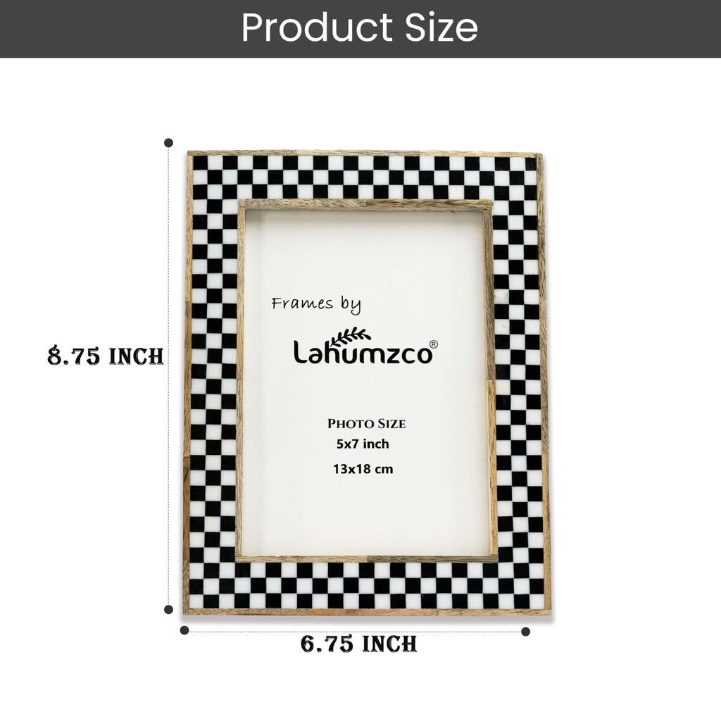 5x7 Handmade Photo Frame - Black & White Checkered Wood Pattern, Vintage Rustic Style, Tabletop/Wall Decor