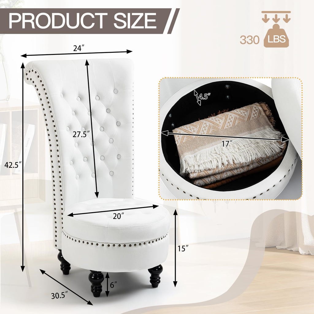 High Back Velvet Throne Chair with Storage & Nailhead Trim, White