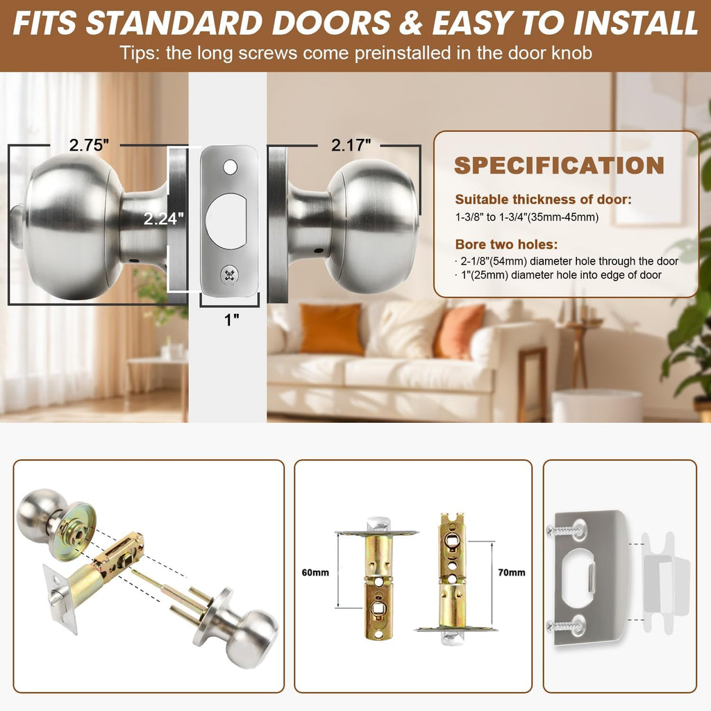 Privacy Door Knobs, 4 Pack Satin Nickel Door Knobs with Lock, Bed and Bath Door Knob Interior Keyless Locksets, Round