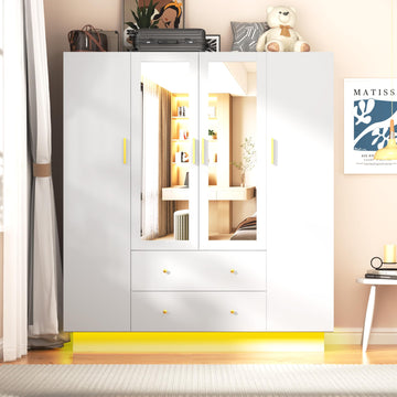 4 Doors Armoire Wardrobe Closet with Mirror, LED Armoire with Doors and Drawers, Wooden Wardrobe Storage Cabinet with