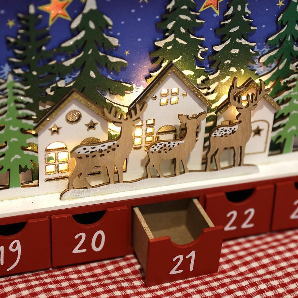 Christmas Wooden Advent Calendar with LED and 24 Drawers to Fill Small Gifts Countdown to Christmas Decoration