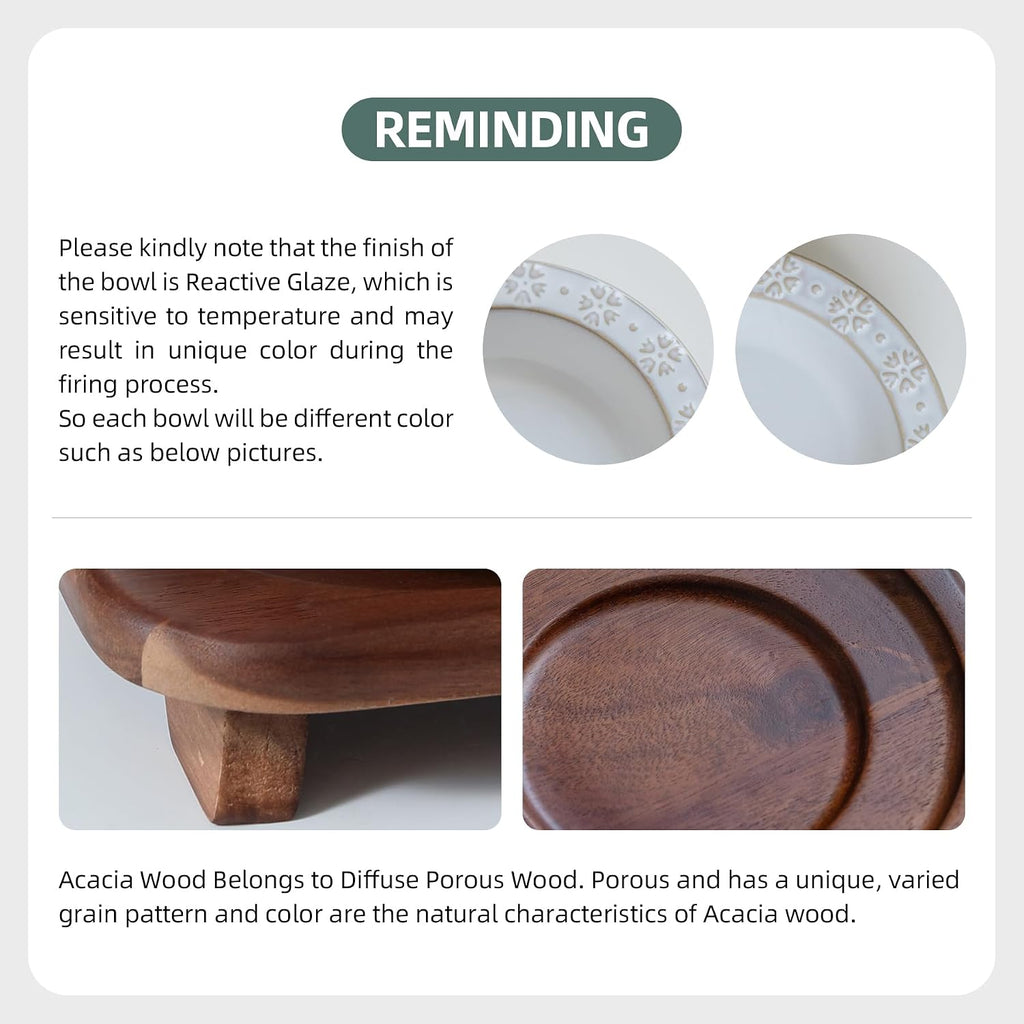 Ceramic Cat Food Bowl, 6.1" Raised Cat Bowls with Acacia Wood Stand