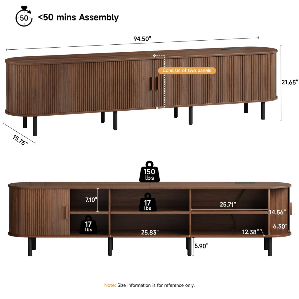 94.5" TV Stand with Power Outlet &Storage for TVs up to 102" Walnut