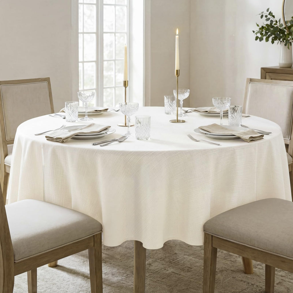 70 Inch Round Tablecloth with Linen Textured, Cream White
