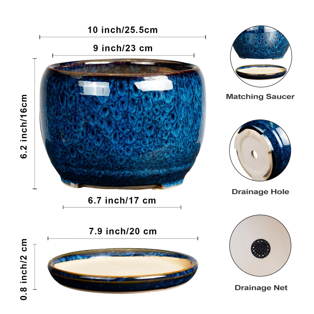 10 Inch Plant Pot - Ceramic Planter Pot with Drainage Hole and Saucer, Decorative Plant Pot for Indoor Outdoor