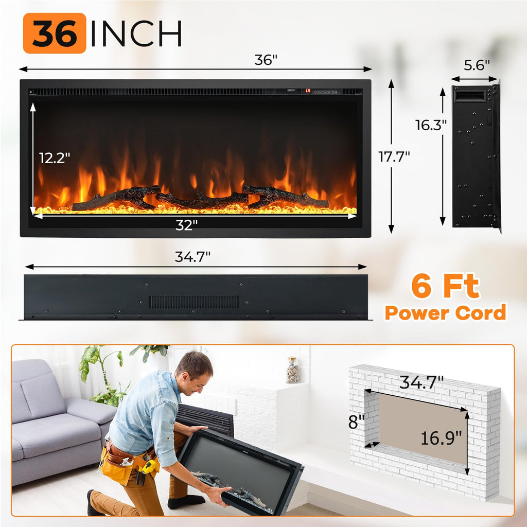 Electric Fireplace Insert 36" - Wall Mount & Recessed