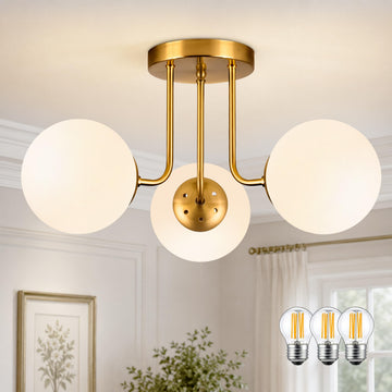 3-Light Semi Flush Mount Ceiling Light Globe Ceiling Light Mid Century Ceiling Light with Opal Milk Glass Globe &