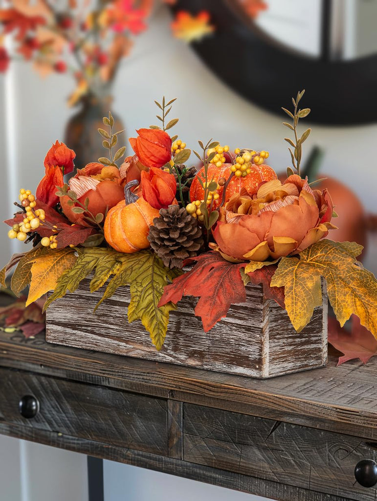 Fall Decor Autumn Harvest Pumpkins Centerpiece - Artificial Peony Maple Leaf and Pinecones Arrangement in Rectangle