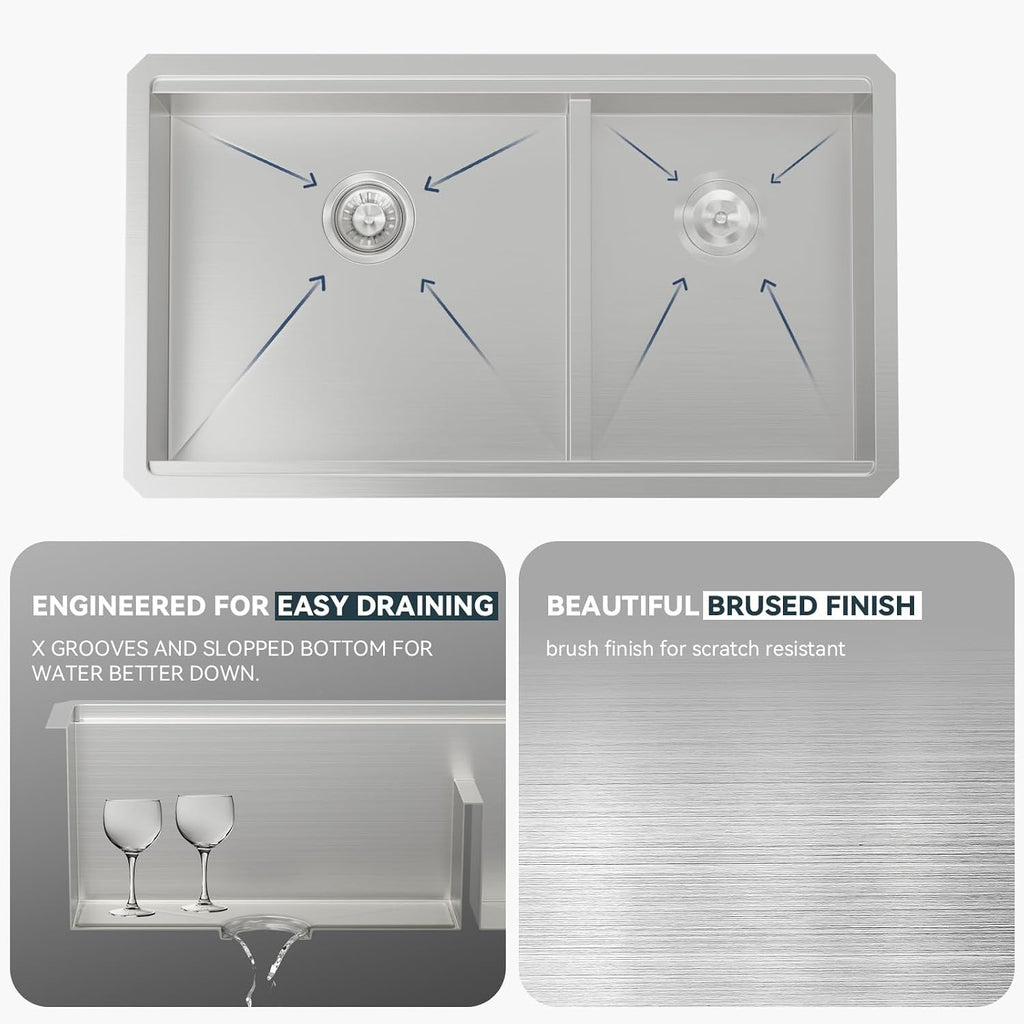Undermount Double Kitchen Sink 32 Inch 16 Gauge Undermount Workstation 60/40 Double Bowl Sink Stainless Steel with
