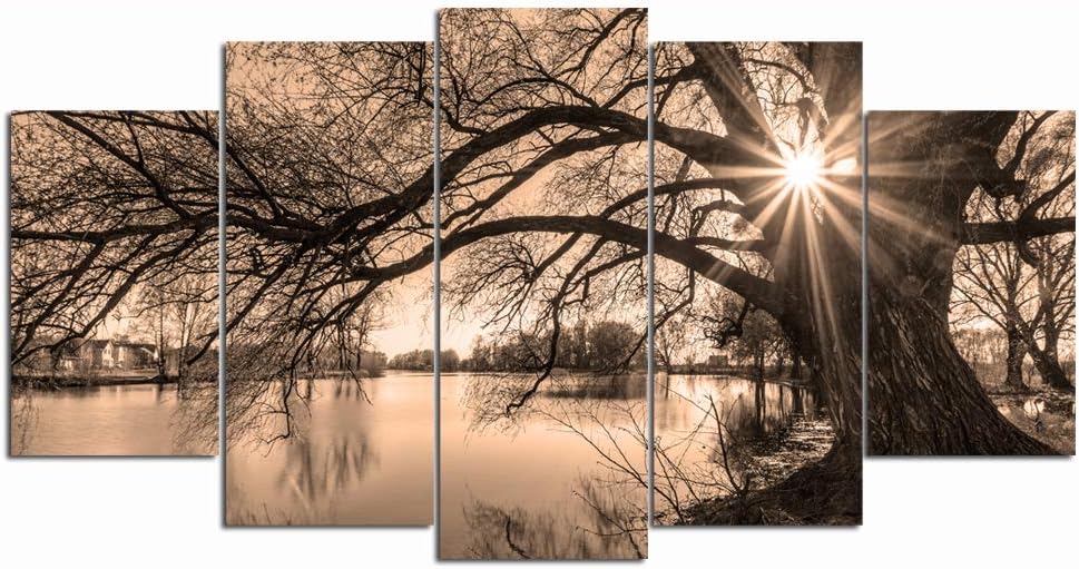 Large 5 Piece Canvas Wall Art Tree By Lake at Sunset Picture Canvas Prints Vintage Sepia Landscape Photo Painting