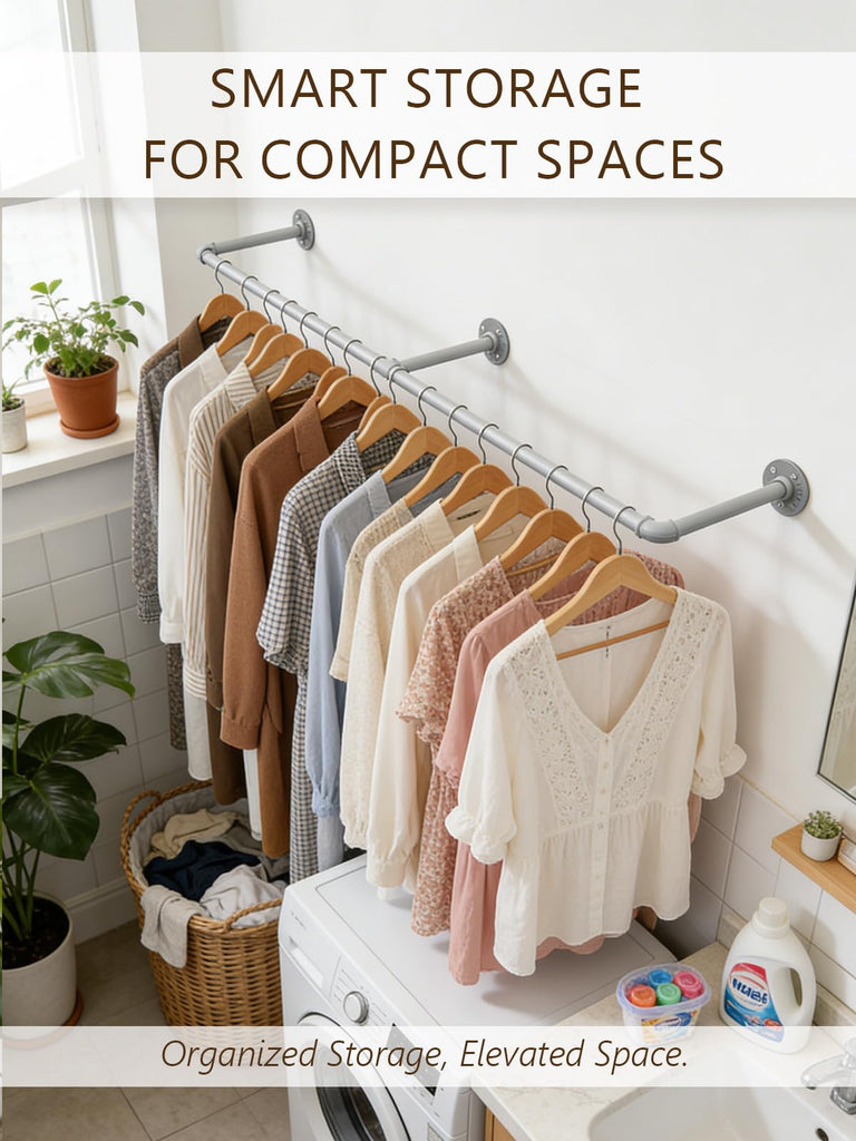 65.7in Industrial Pipe Wall Mounted Clothes Rack, Heavy Duty Detachable Iron Garment Bar, Rustic Space-Saving Hanging