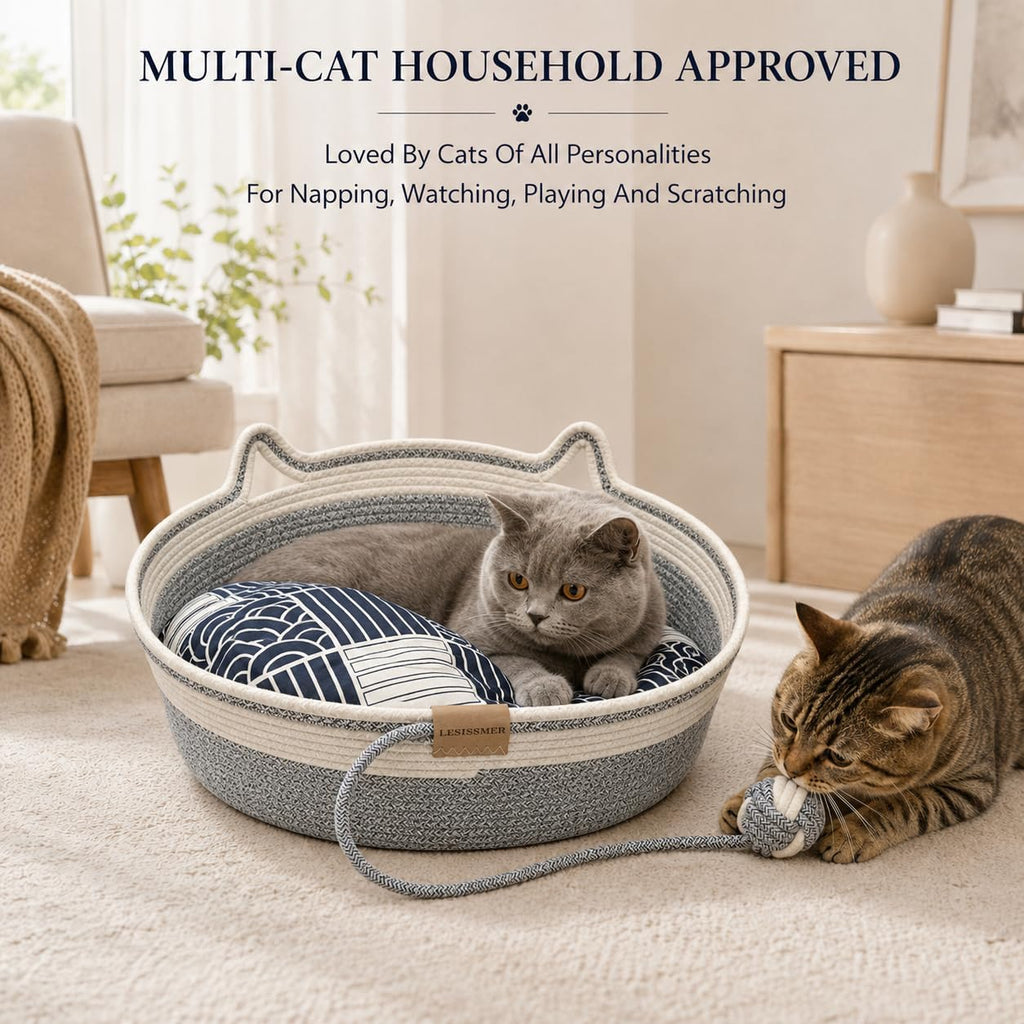 Cat Bed Basket for Indoor Cats Handwoven Cotton Rope with Cushion (Grey)