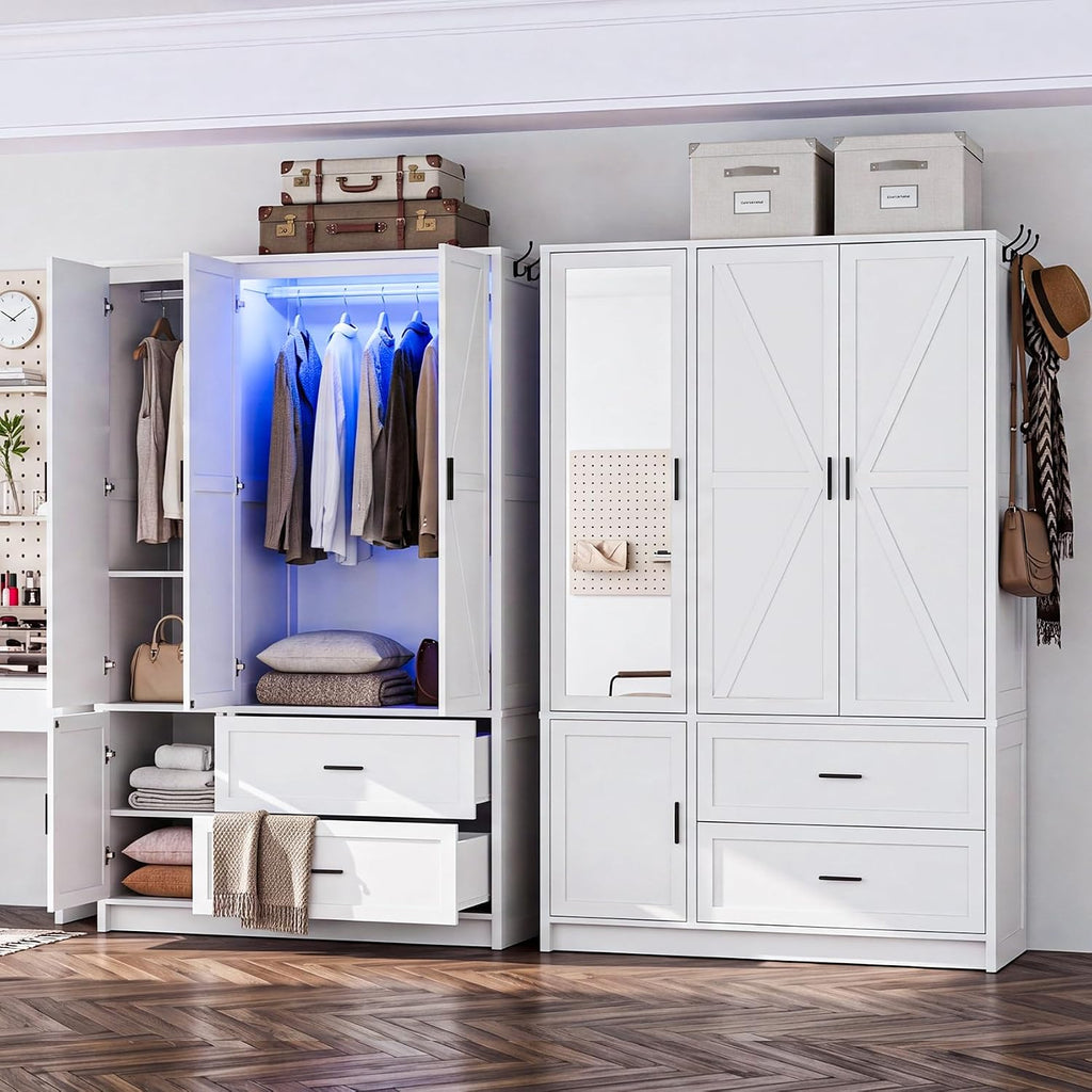 Wooden Wardrobe Closet Armoire with 3 Doors, White Storage Cabinet with Mirror and Led Lights, Bedroom Large Capacity