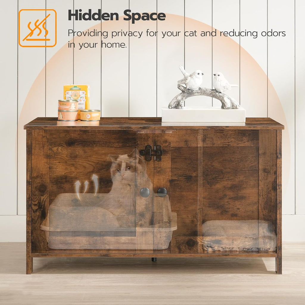 Litter Box Enclosure, Cat Litter Box Furniture with Removable Divider, Large Hidden Litter Box Furniture, Wooden Cat