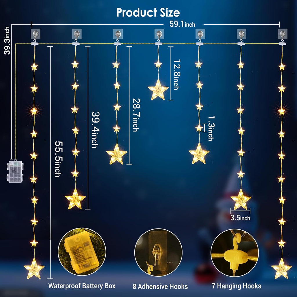 46 Stars Curtain Lights, Battery Operated Christmas Star Window Lights - Warm White with Timer & Memory Function & 8