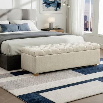 60" Ottoman with Storage Oversized End of Bed Storage Bench Upholstered Benches -Beige