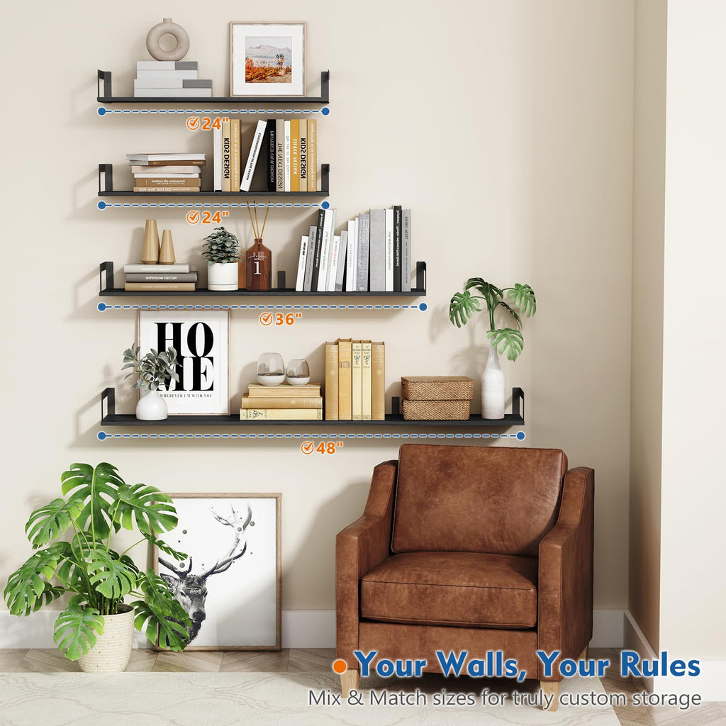 Black Wall Shelves 24 Inch Long, 8 In Deep Floating Shelves