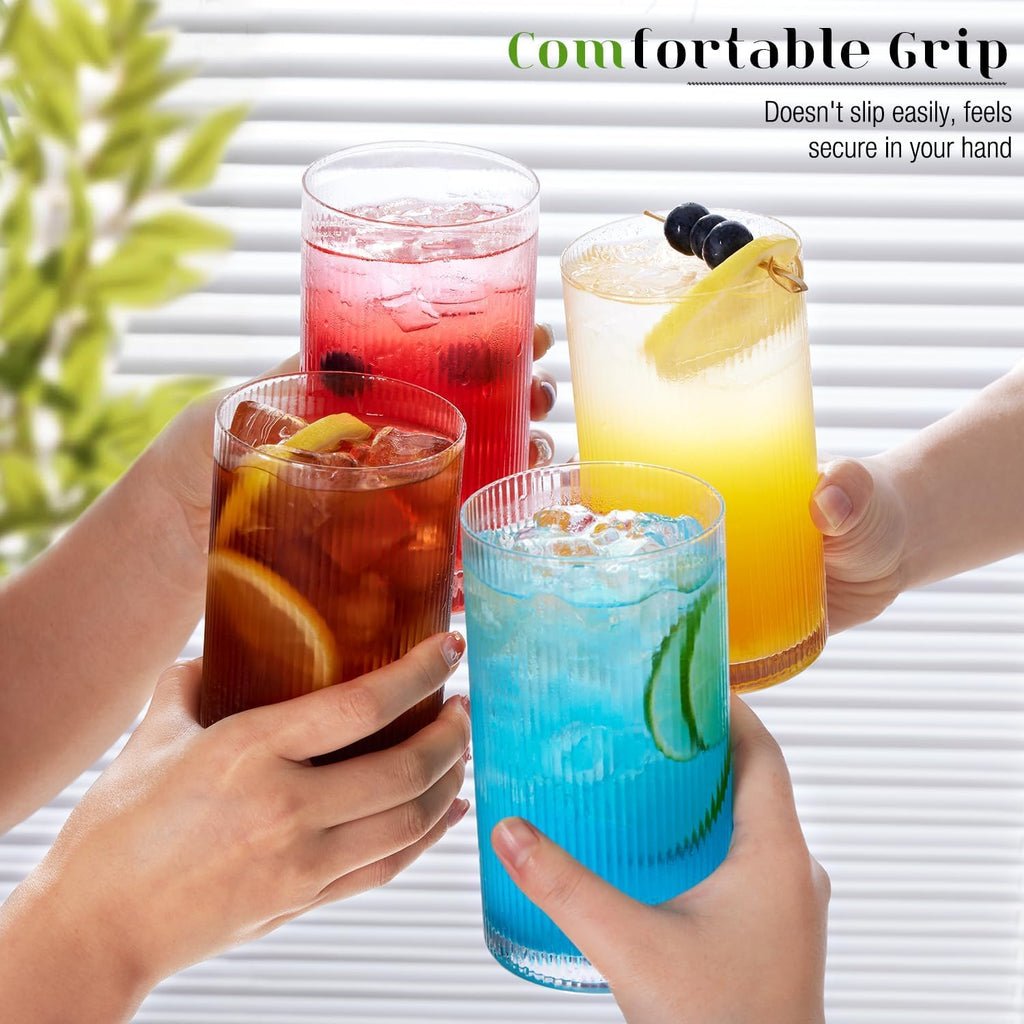 Drinking Water Glasses Set, Lead-Free Crystal Highball Glass, Tall Glass Cups for Cocktail Parties,ribbed set of