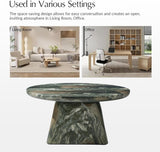 Modern 31.88” Round Coffee Table with Stone-Look Finish and Sculpted Pedestal Base