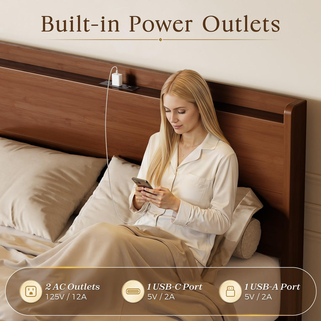 Bamboo Wood Queen Bed Frame with Charging Station & Headboard
