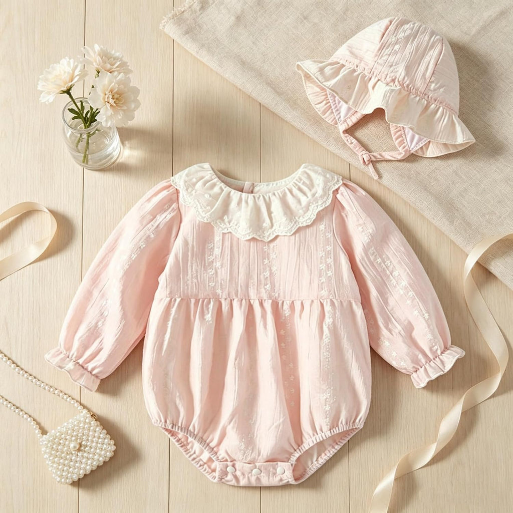 Baby Girl Bubble Romper Ruffle Lace Peter Pan Collar Puff Sleeve Bodysuit with Bonnet Baby Cute Summer Outfits